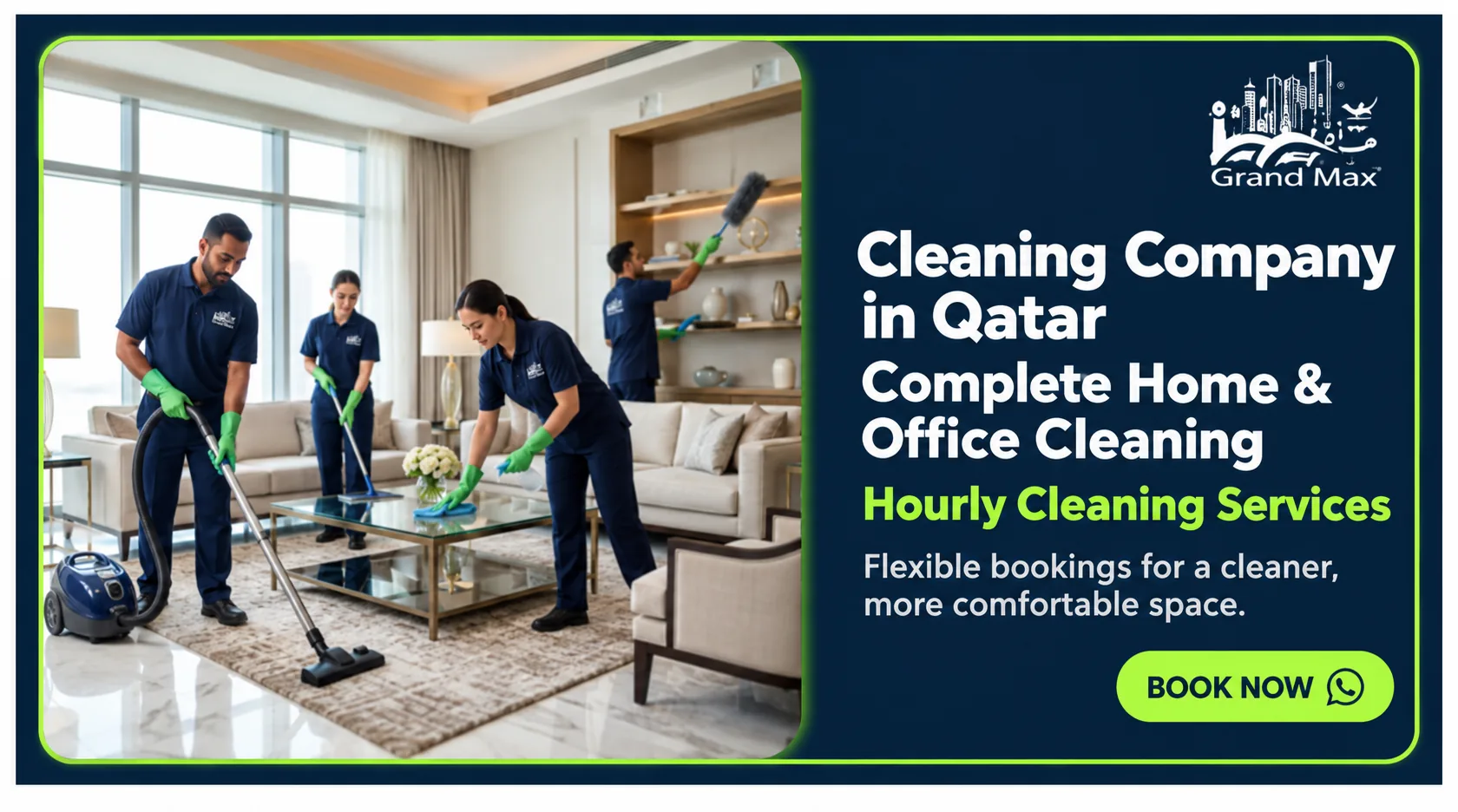Grand Max cleaning company in Qatar banner showing a team cleaning a living room